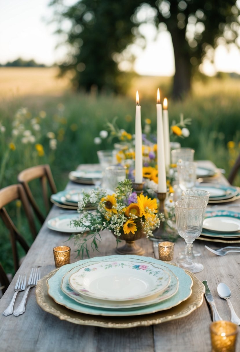 A table set with mismatched vintage china in a rustic outdoor setting, adorned with wildflowers and candles for a classic wedding look