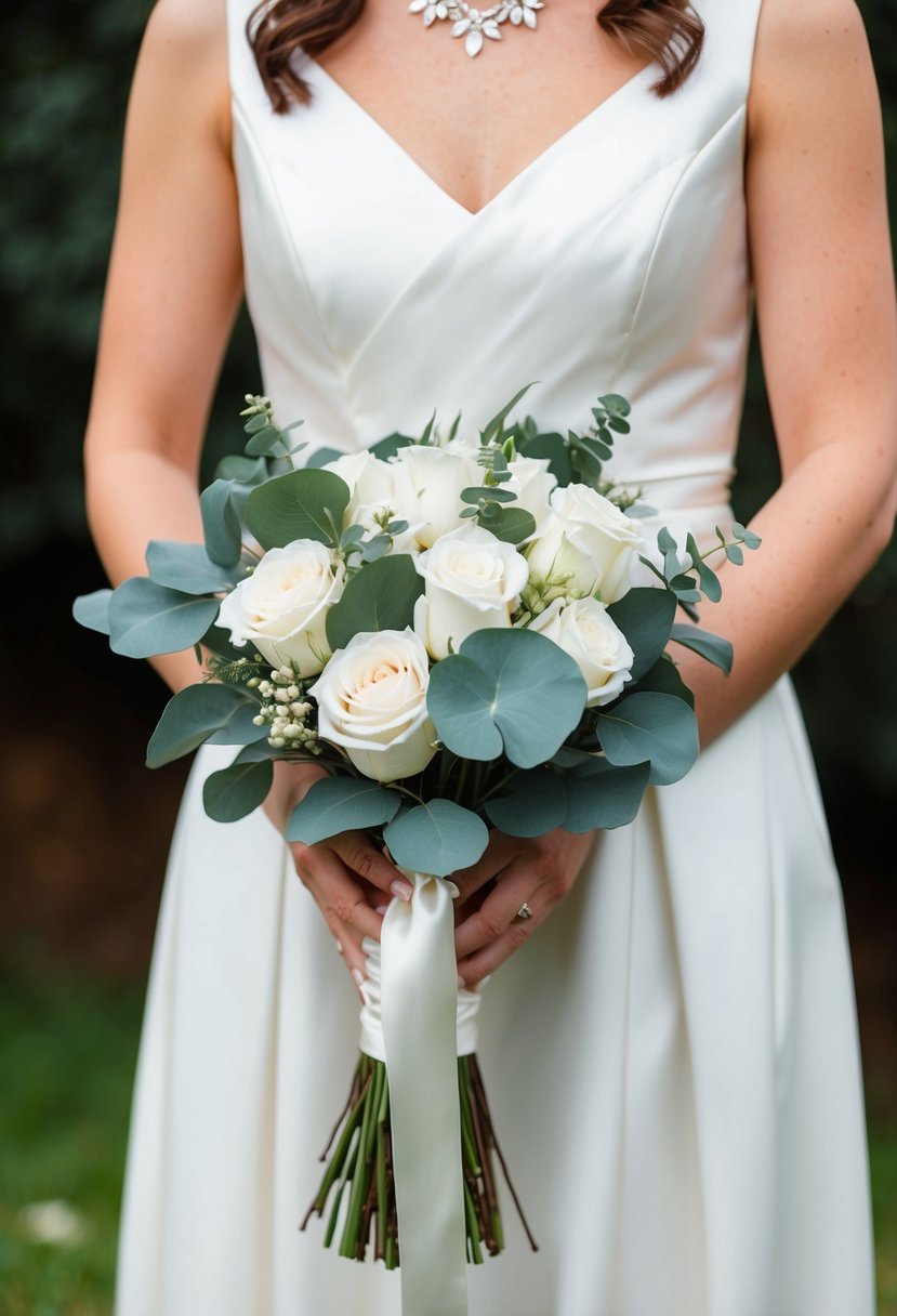 A maid of honour holds a bouquet of white roses and eucalyptus, tied with a satin ribbon