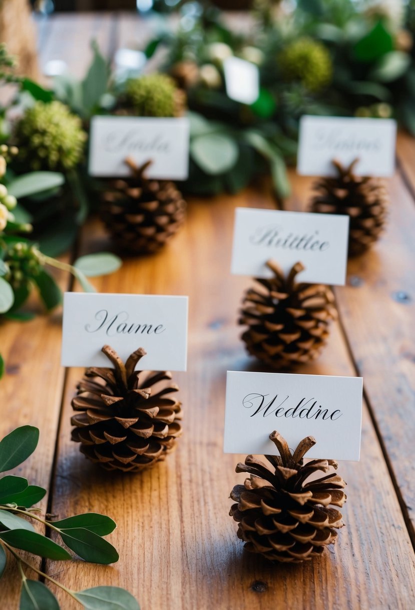 Pinecone name card holders arranged on a wooden table with rustic wedding decor and greenery