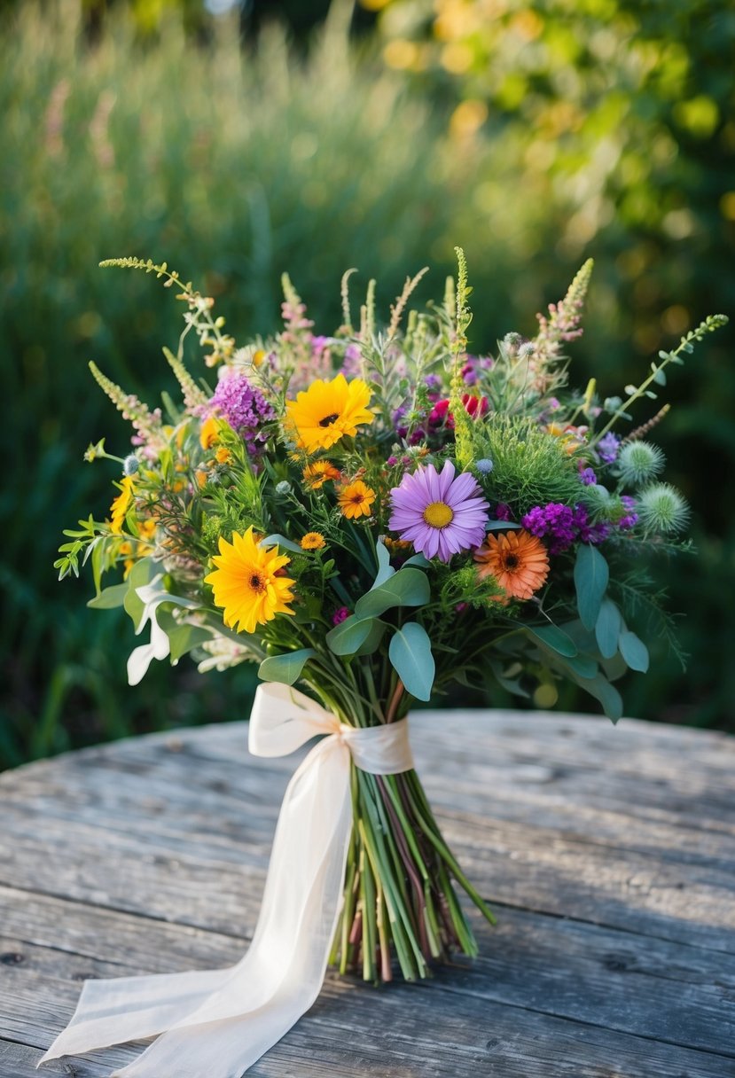 A colorful bouquet of wildflowers and greenery, tied with a flowing ribbon, sits on a rustic wooden table