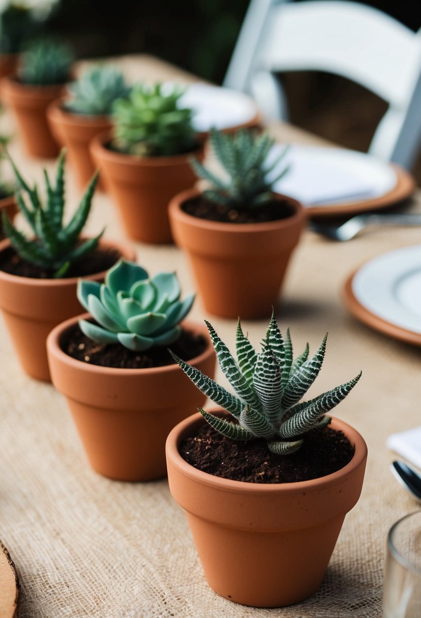 Small succulents in clay pots adorn rustic wedding tables, serving as charming guest gifts and natural decorations