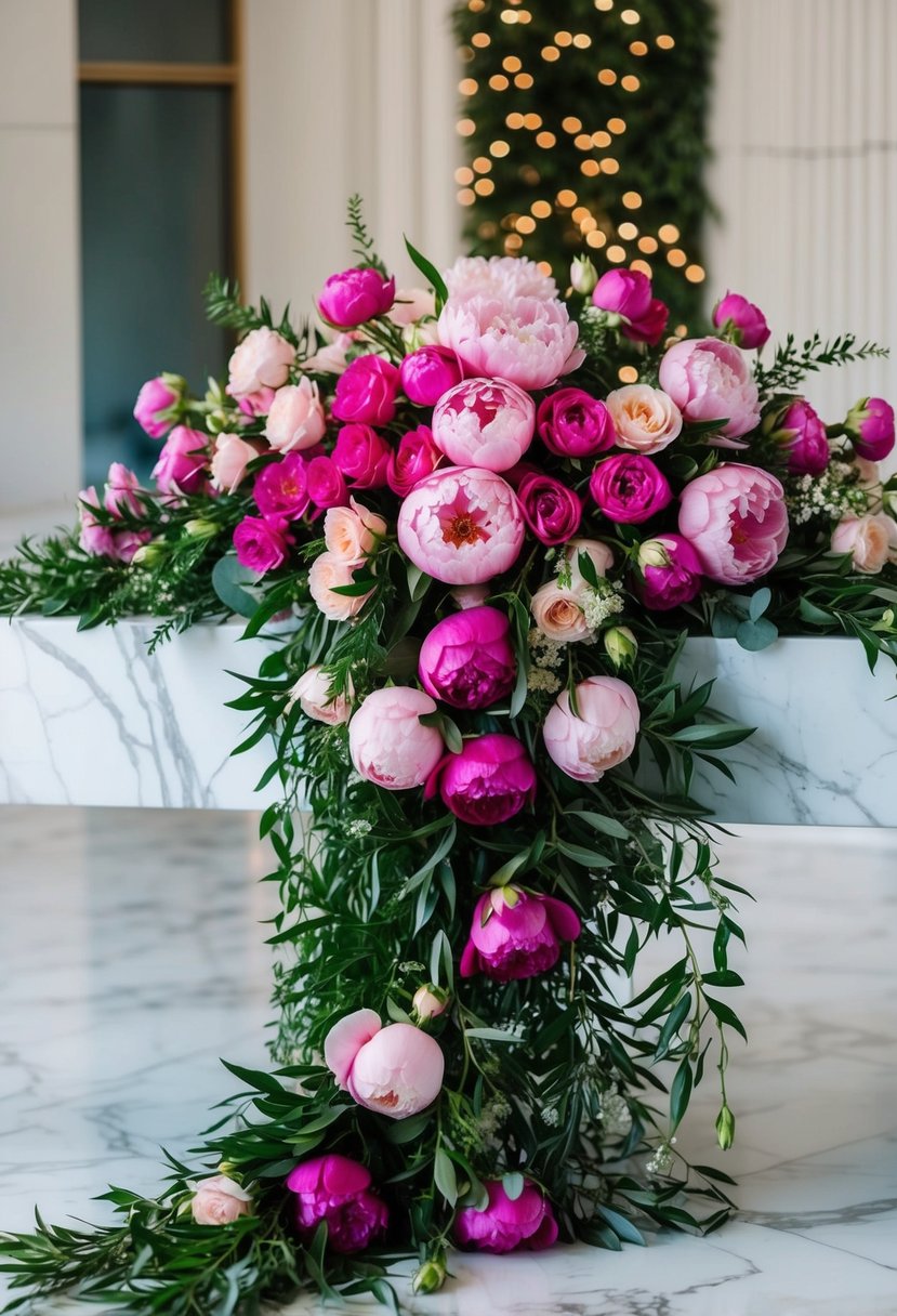 A cascading bouquet of vibrant pink peonies, roses, and greenery spills over a white marble table