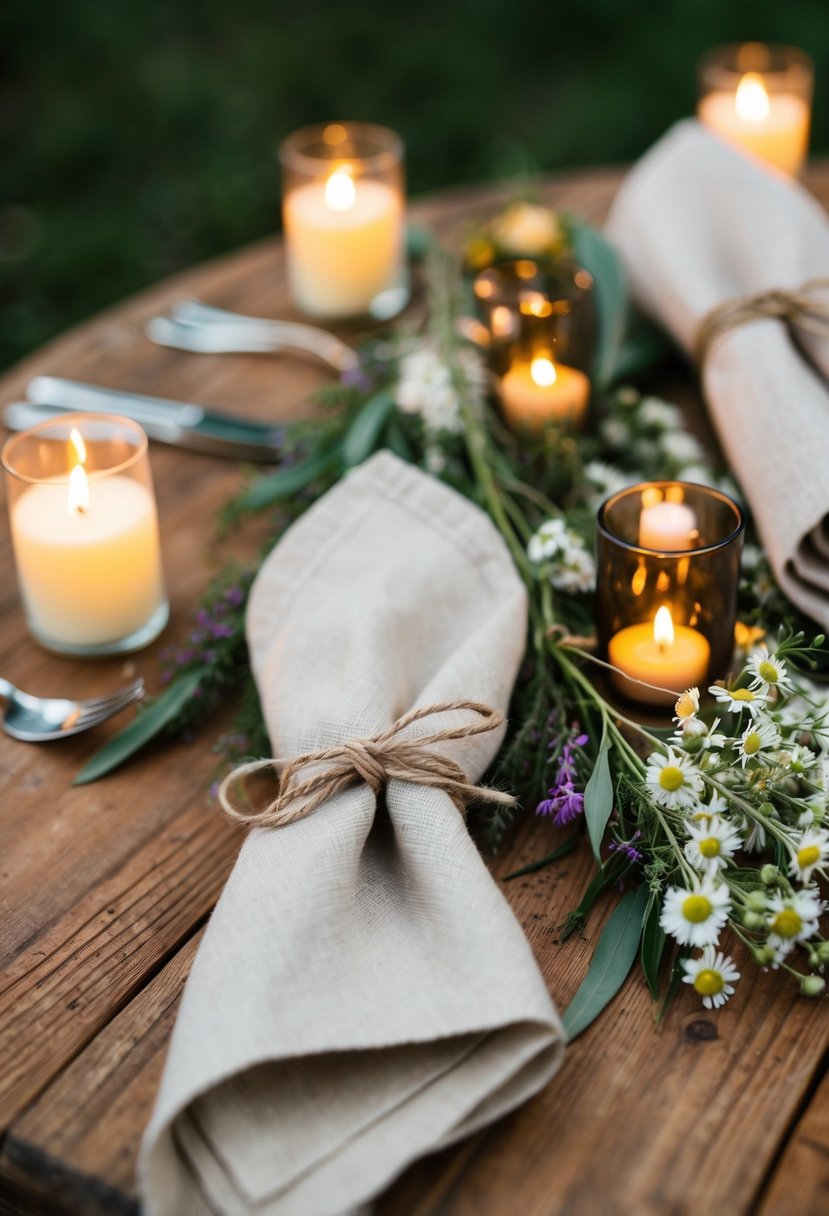 Twine-tied napkins lay on a wooden table, surrounded by wildflowers and flickering candles, creating a rustic wedding table decoration