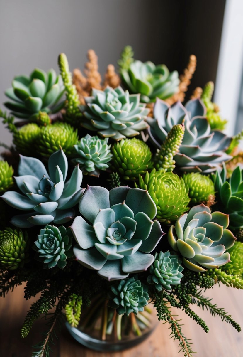 A bouquet of succulents arranged in a modern and earthy style, with varying textures and shades of green, accented with small pops of color