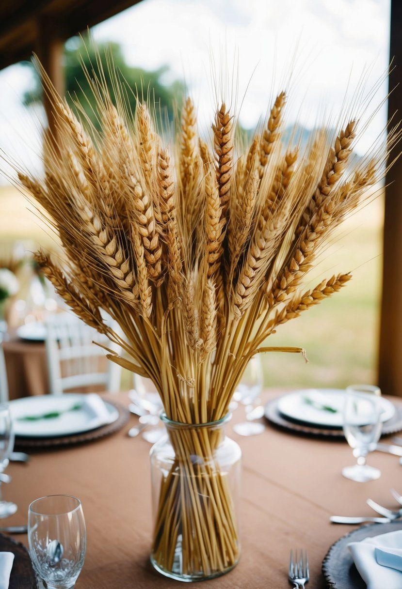 Dried wheat stalks arranged in rustic wedding table centerpiece