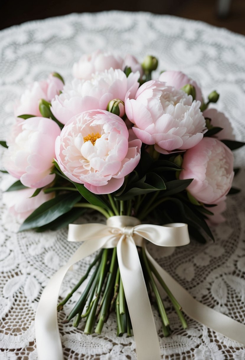 A delicate bouquet of pastel peonies, tied with a satin ribbon, rests on a vintage lace tablecloth