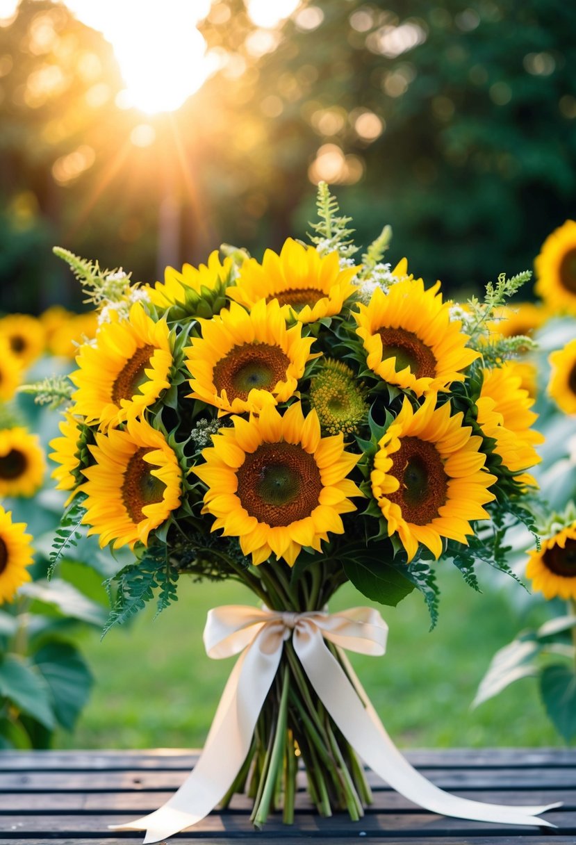 A vibrant bouquet of sunflowers, accented with greenery and tied with a ribbon, radiates joy and warmth