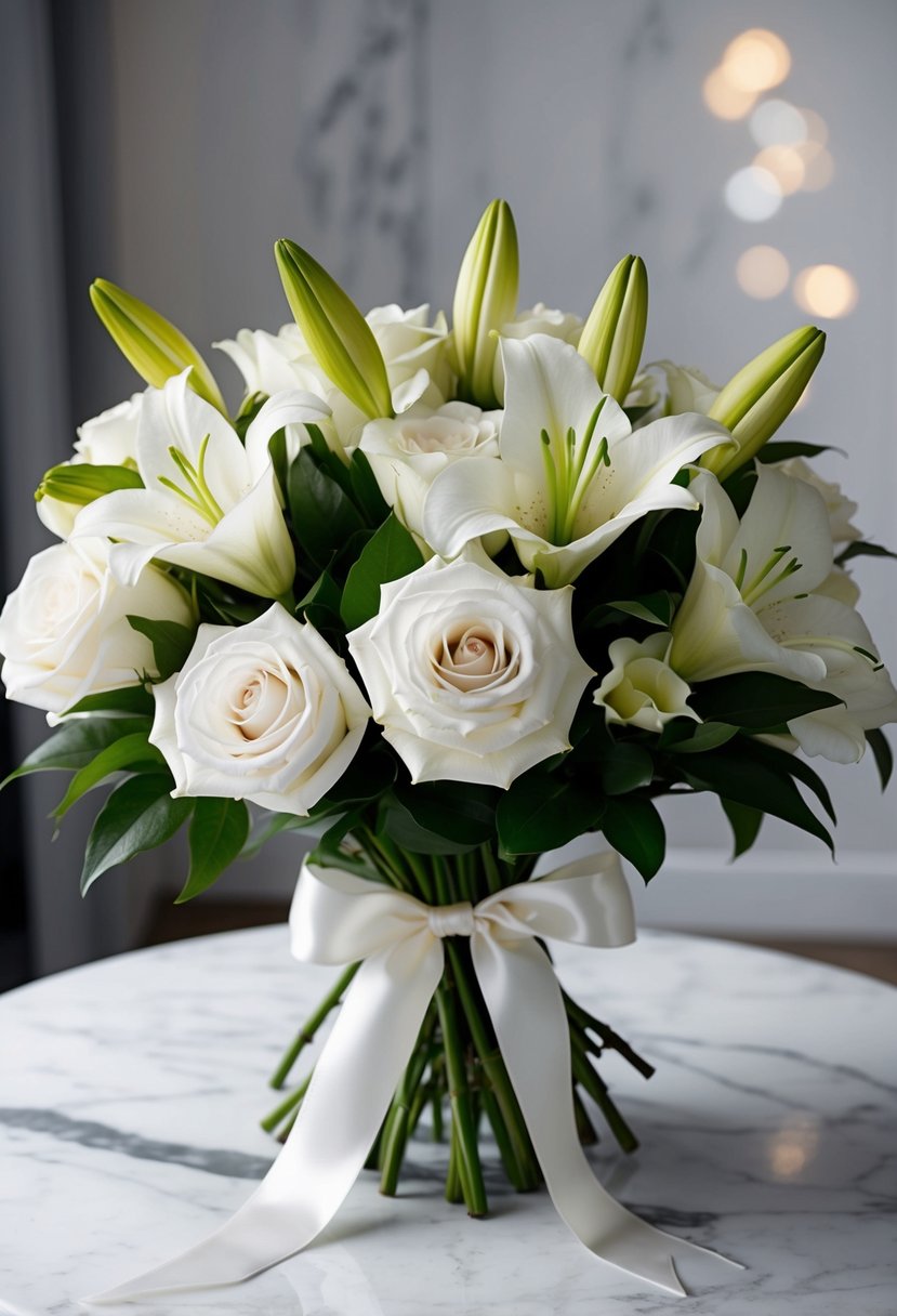 A monochromatic bouquet of white roses and lilies, tied with a satin ribbon, sits on a marble table