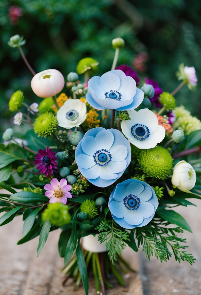 A vibrant bouquet featuring anemones as the focal point, surrounded by lush greenery and complemented by smaller blooms in various hues