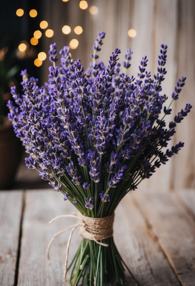 Lavender sprigs arranged in a rustic bouquet, emitting a fragrant aroma