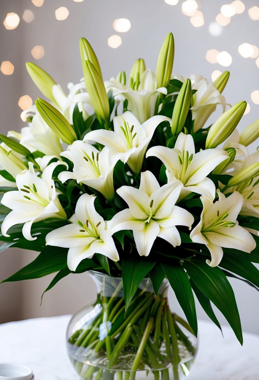 A bouquet of white lilies arranged in a classic and elegant style