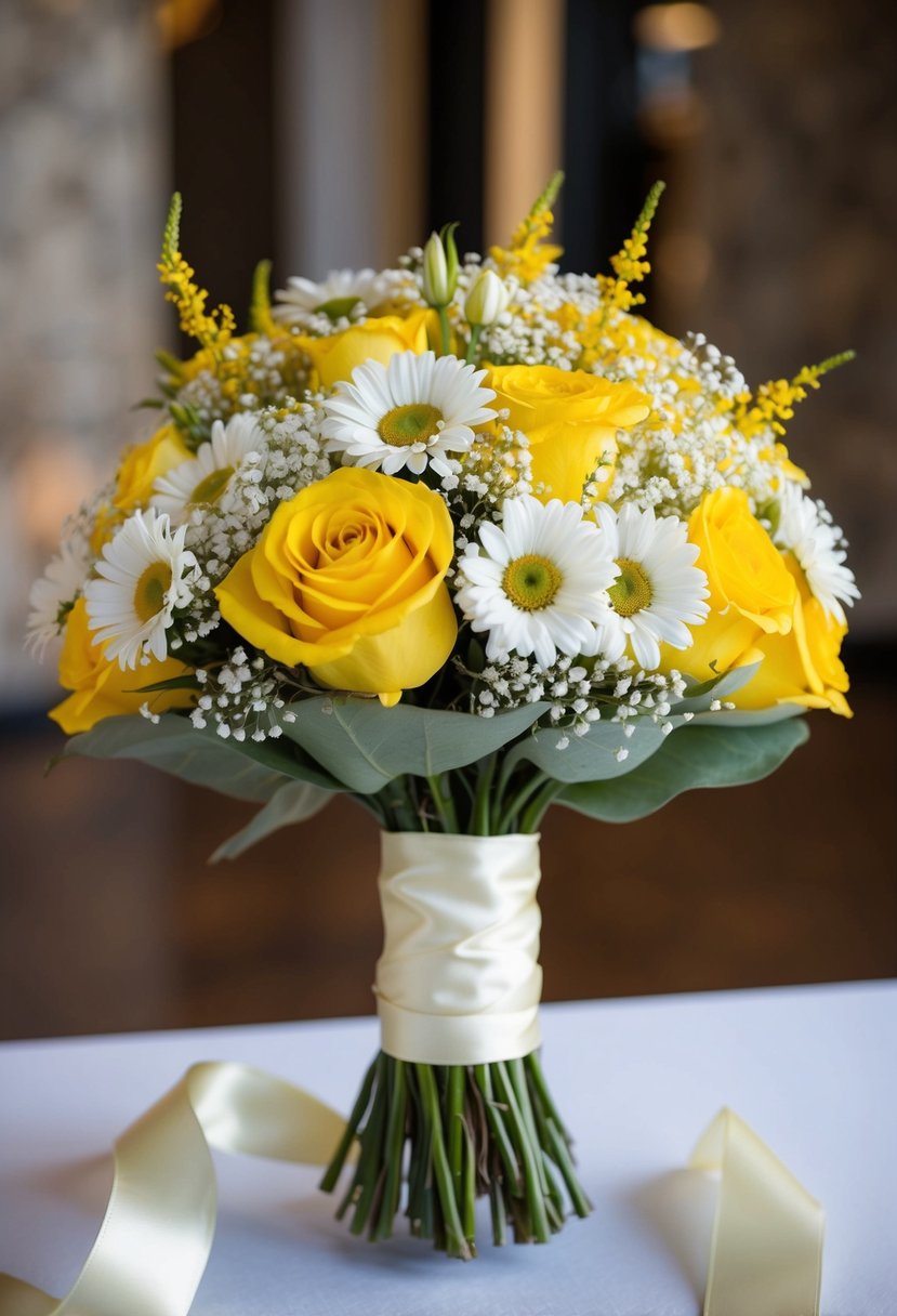 A vibrant yellow and white wedding bouquet with roses, daisies, and baby's breath, wrapped in satin ribbon