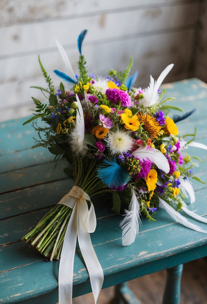 A lush bouquet of vibrant wildflowers and delicate feathers, tied with flowing ribbons, rests on a weathered wooden table