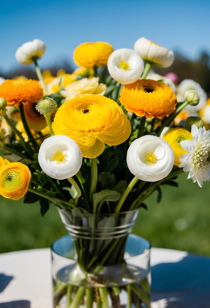 A vibrant bouquet of yellow and white ranunculus and other flowers in a sunny, outdoor setting, with a clear blue sky in the background