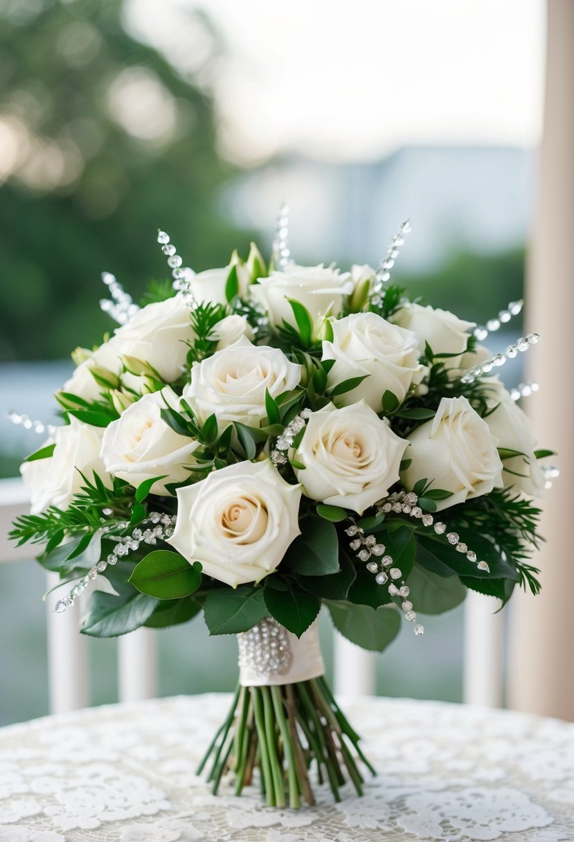 A bouquet of white roses and greenery, adorned with sparkling crystal embellishments, sits on a lace-covered table