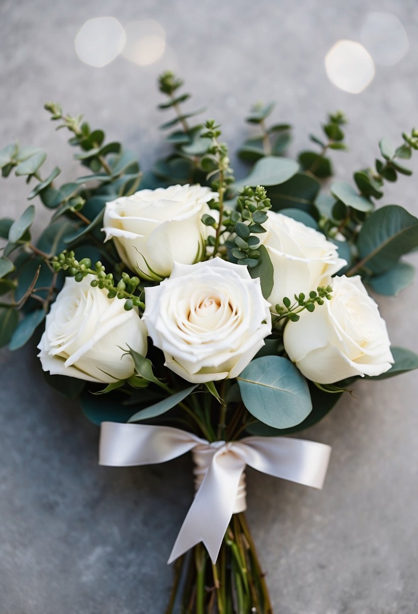 A simple bouquet of white roses and eucalyptus tied with a satin ribbon