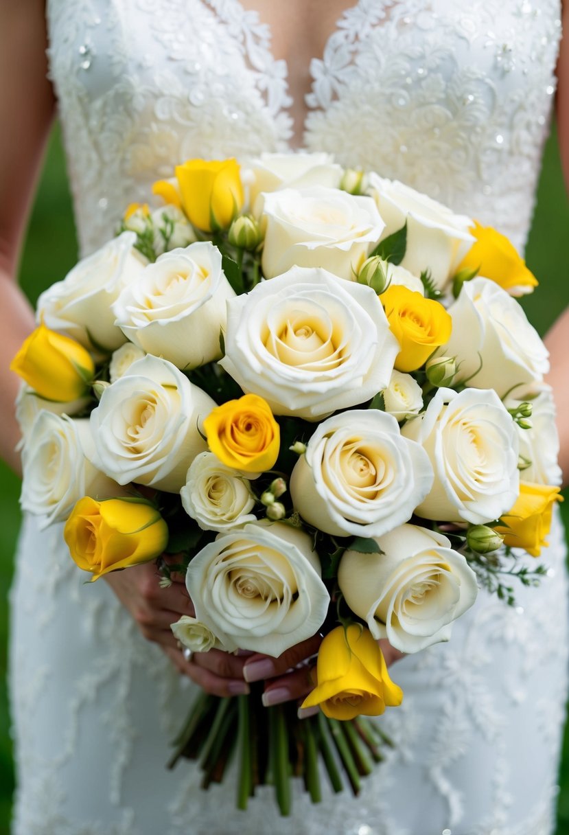 A bouquet of white elegance roses with yellow accents, arranged in a delicate and romantic wedding bouquet