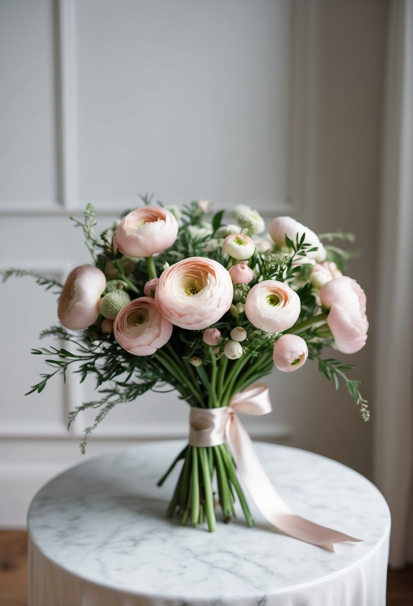 A delicate bouquet of blush ranunculus and simple greenery, tied with a satin ribbon, sits on a white marble table