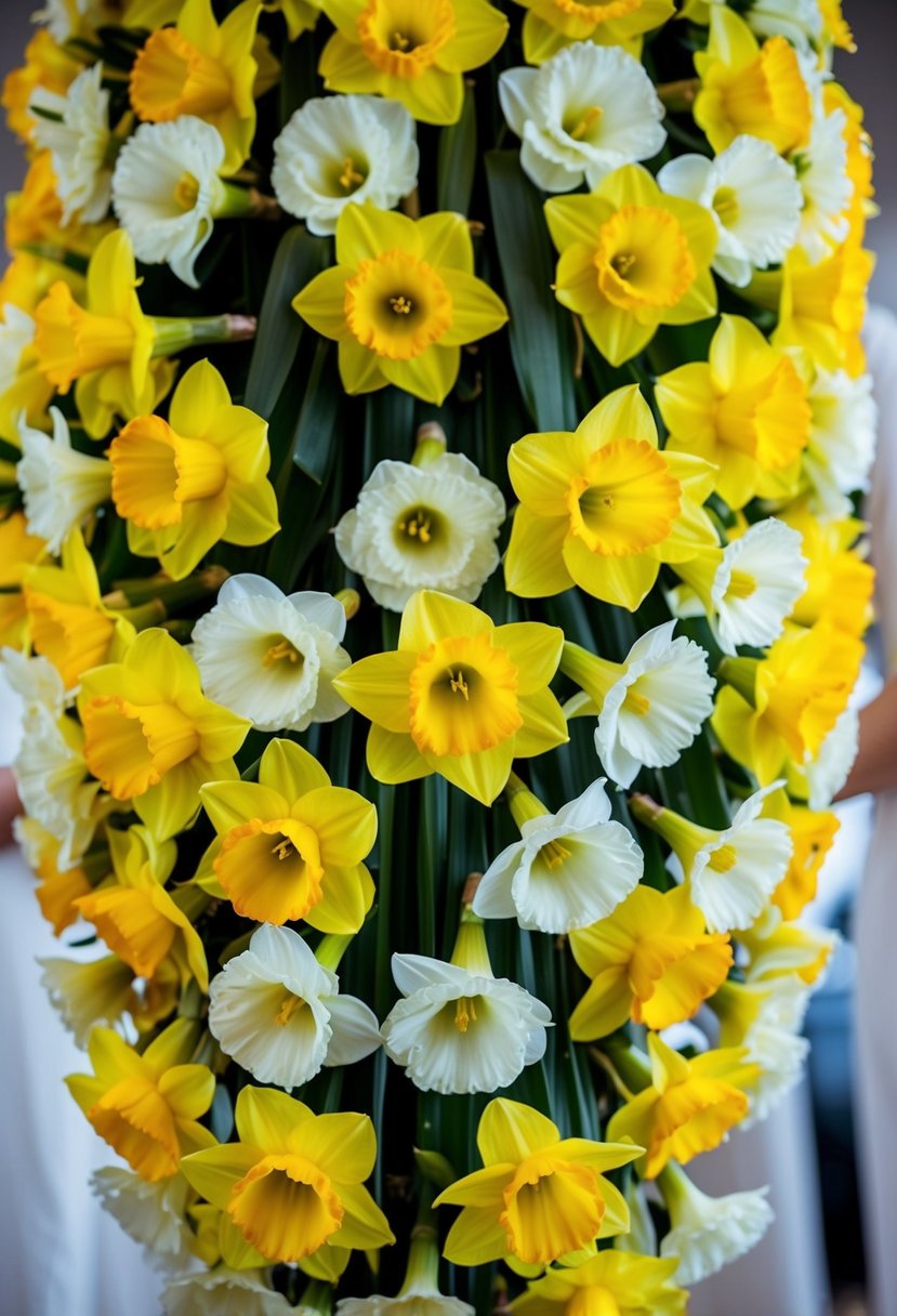 A vibrant mix of yellow and white daffodils arranged in a cascading wedding bouquet