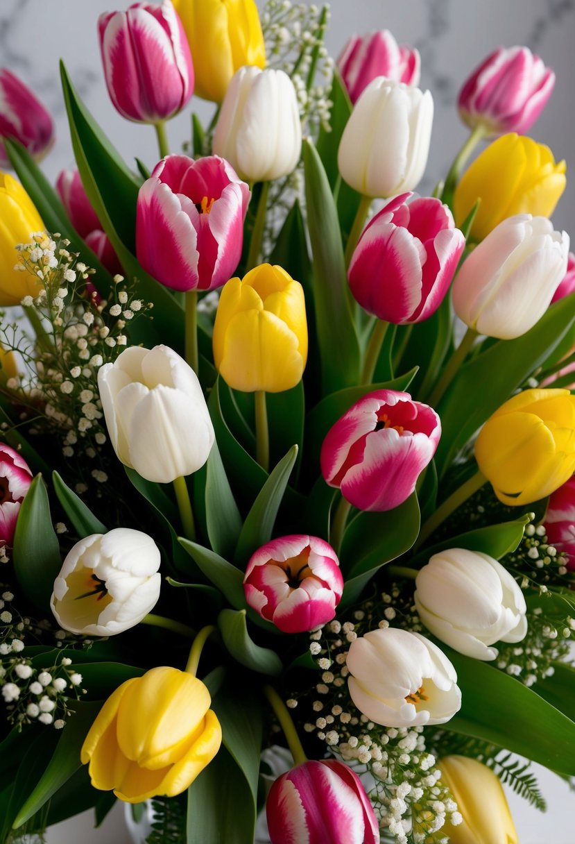 A vibrant bouquet of pink, yellow, and white tulips arranged in a cascading style, with greenery and baby's breath for a fresh and elegant springtime feel