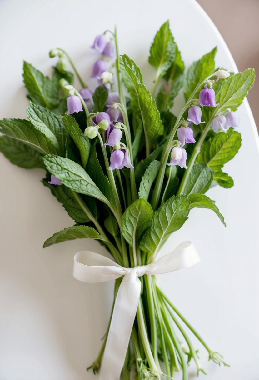 A delicate bouquet of sweet peas and mint leaves, tied with a simple ribbon, sits on a clean white table