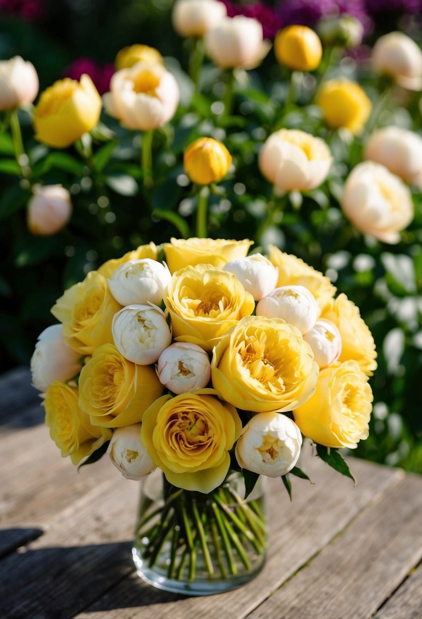 A lush bouquet of yellow roses and cream peonies basking in the warm sunshine