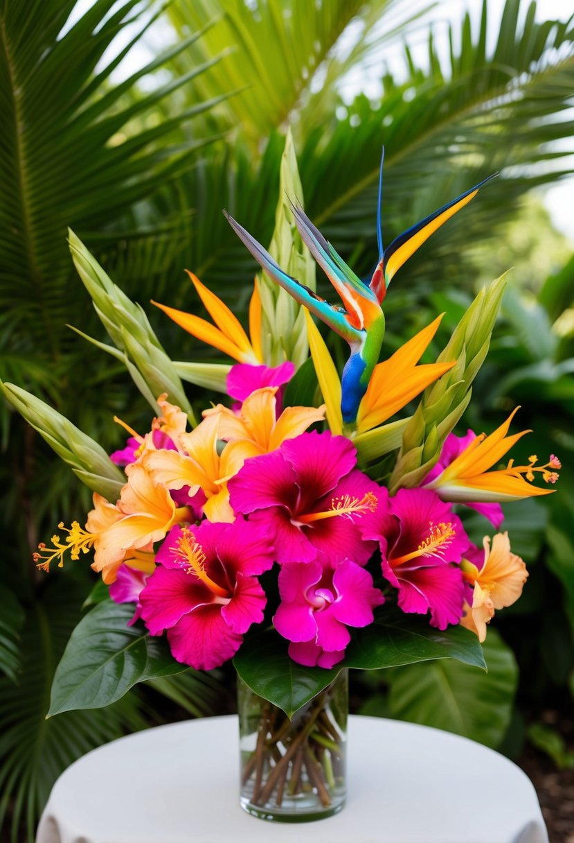 A vibrant bouquet of hibiscus, orchids, and bird of paradise, set against a backdrop of lush green foliage and palm fronds