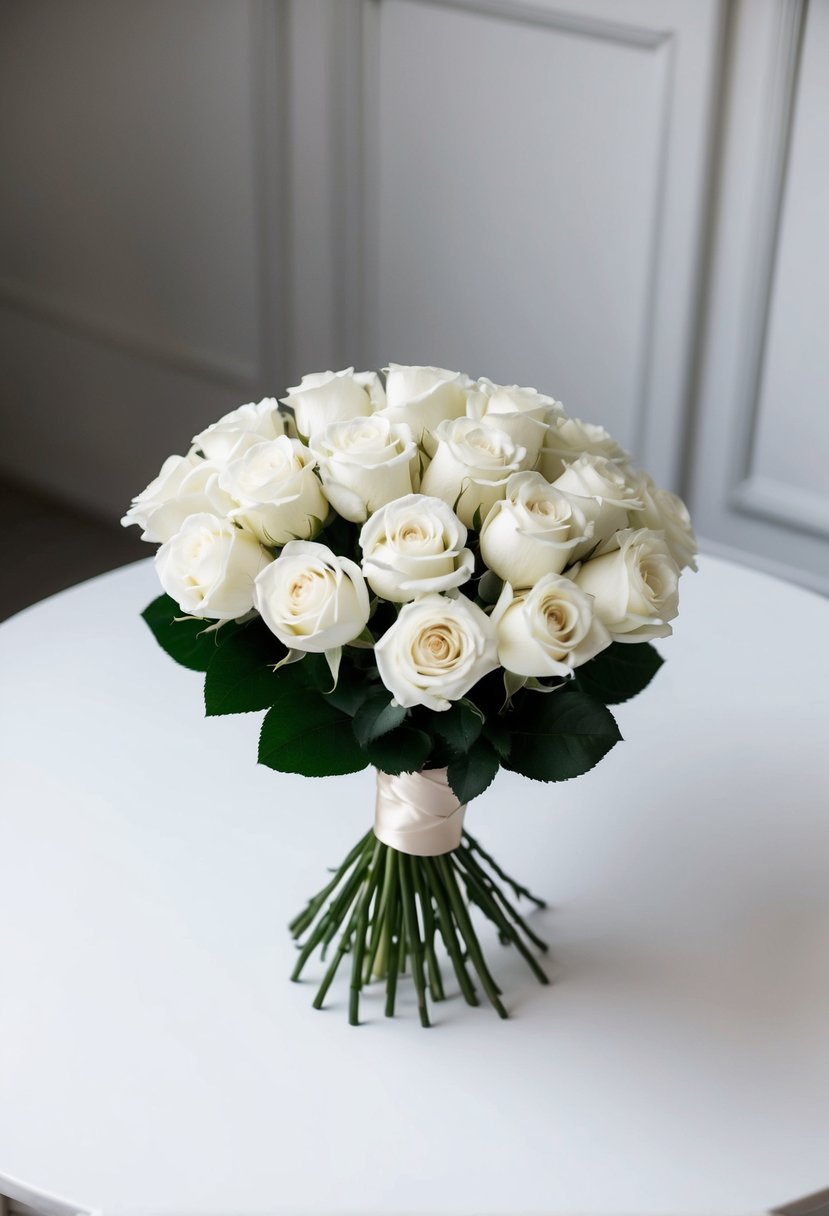 A simple bouquet of all-white roses, tied with a satin ribbon, sits on a clean, white table