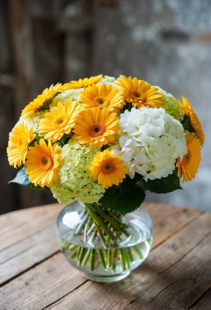 A lush bouquet of golden gerberas and white hydrangeas in a glass vase on a rustic wooden table