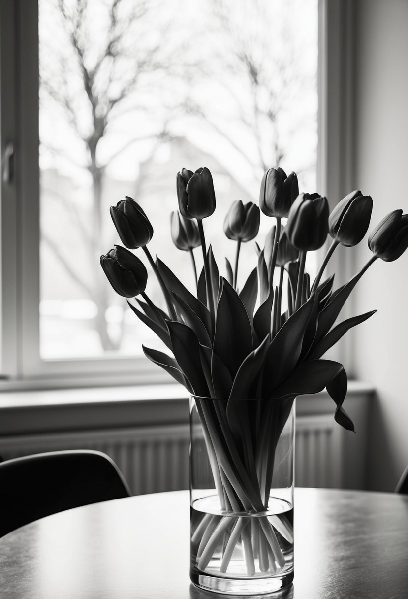 A simple, elegant bouquet of monochrome tulips in a clear glass vase