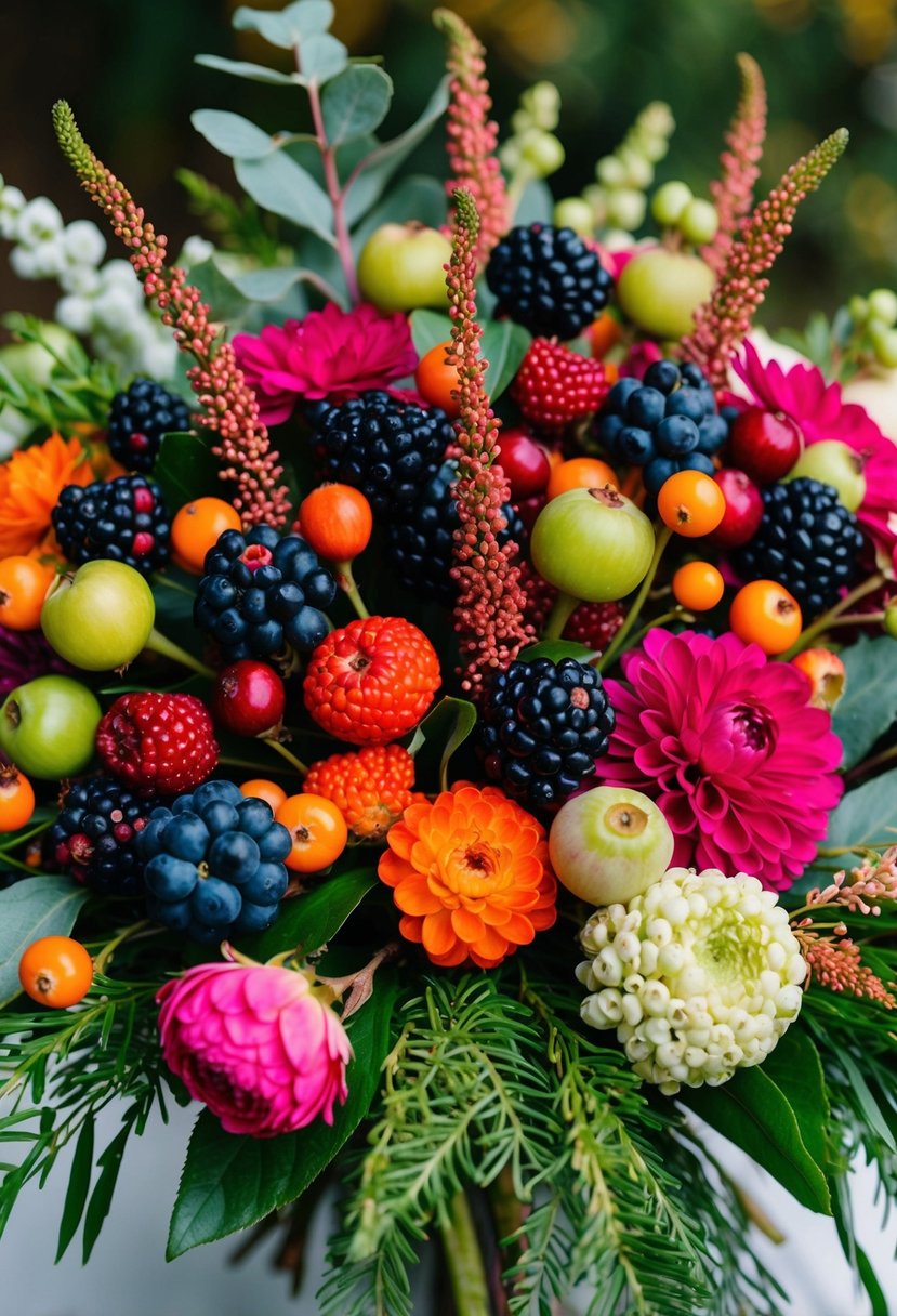 A lush bouquet of assorted berries, nestled among vibrant seasonal flowers and textured foliage, creating a stunning and unique maid of honour wedding arrangement