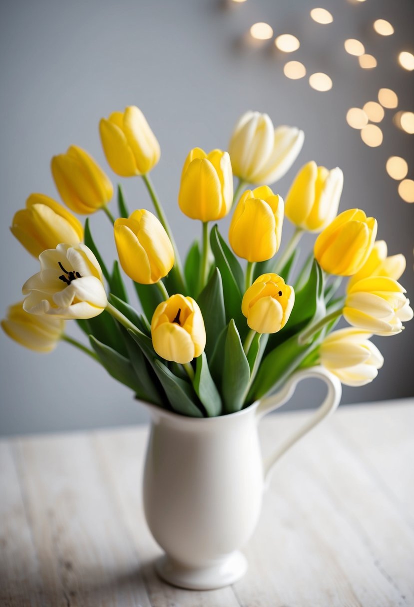 A bouquet of yellow tulips and cream freesias arranged in a white vase