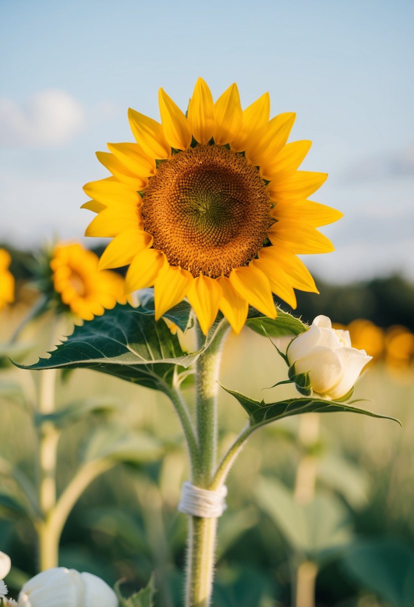 A single sunflower stem stands alone in a simple wedding bouquet