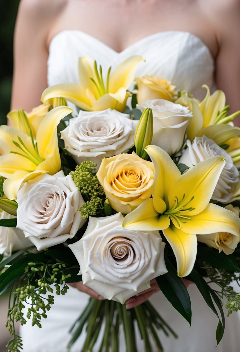 A bouquet of sandy white roses and yellow lilies arranged in a delicate and elegant wedding bouquet