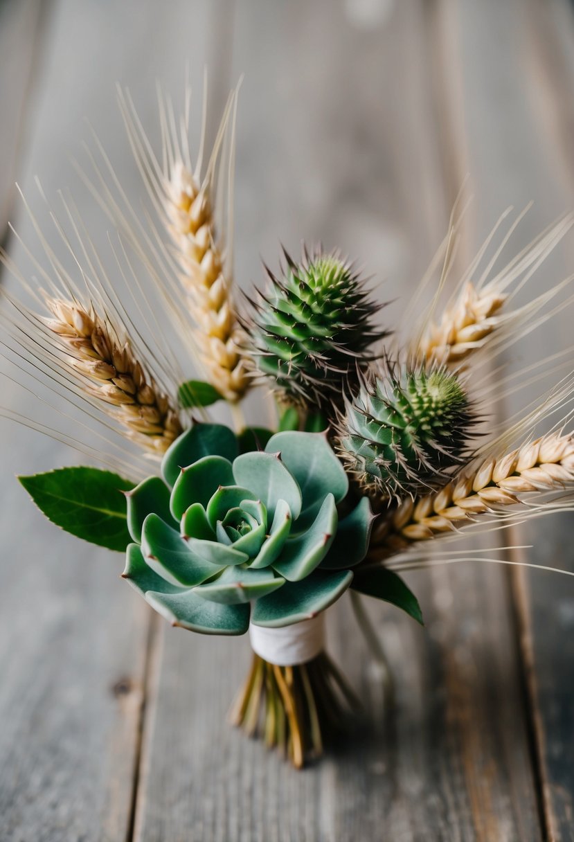 A green succulent with thistles and wheat arranged in a minimal wedding bouquet