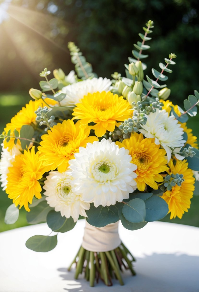 Sunlight filters through chrysanthemums and eucalyptus in a vibrant yellow and white wedding bouquet