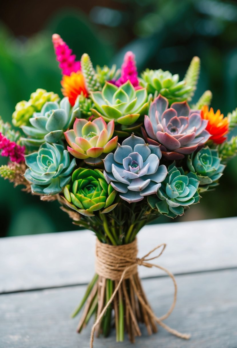 A variety of colorful succulents arranged in a bouquet, wrapped in natural twine