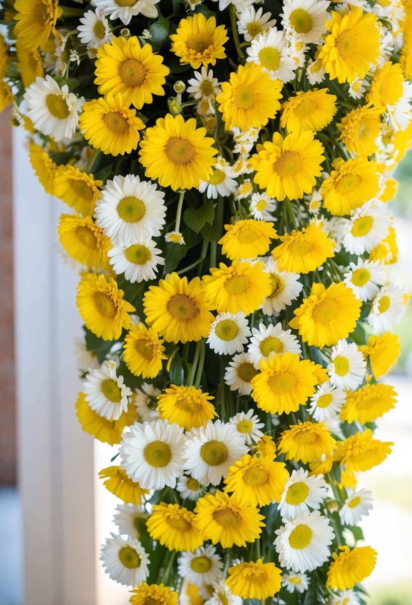 A vibrant bouquet of yellow and white daisies cascading in a sunny ombre arrangement