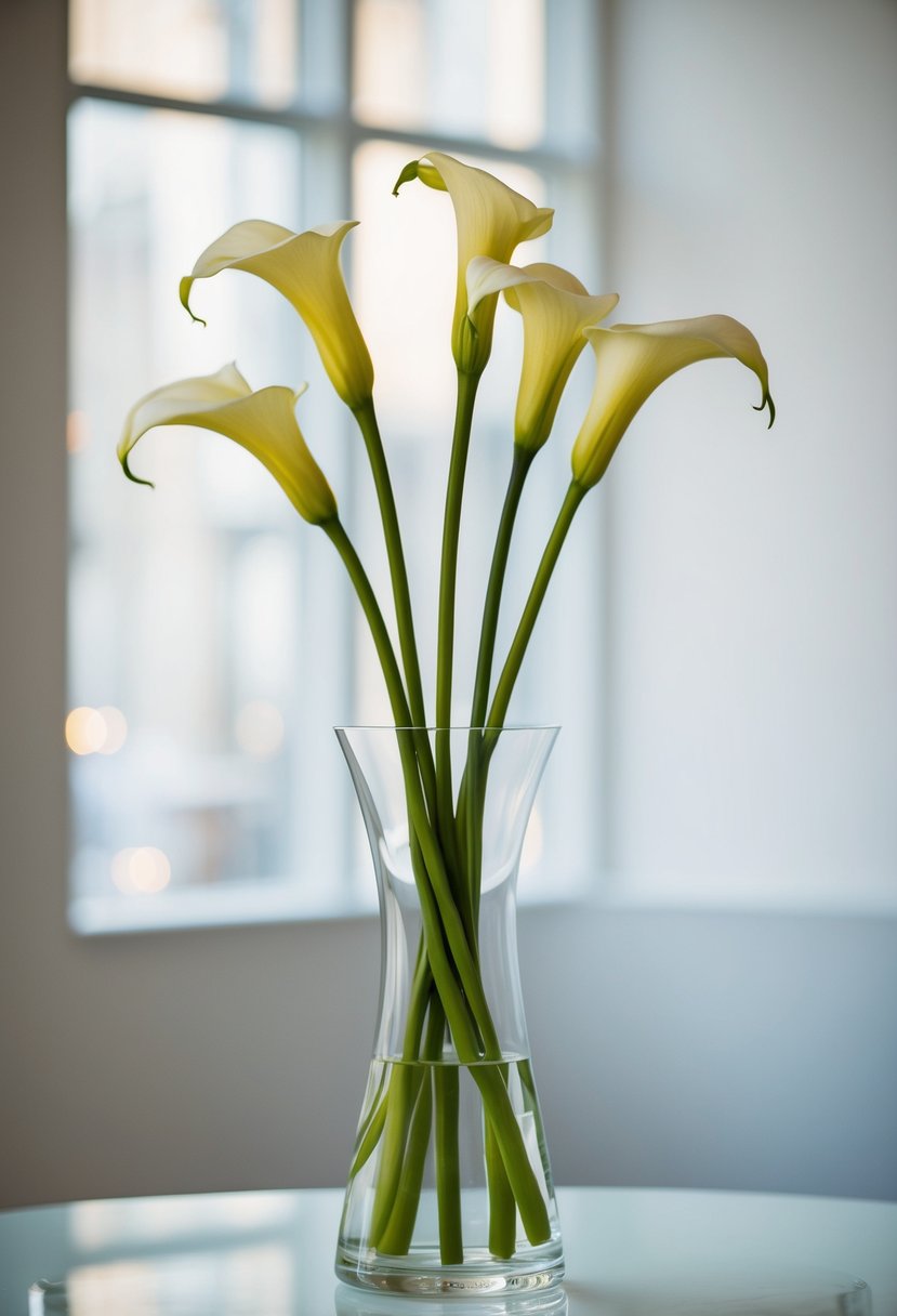 A glass vase holds long-stemmed calla lilies, creating a minimal wedding bouquet