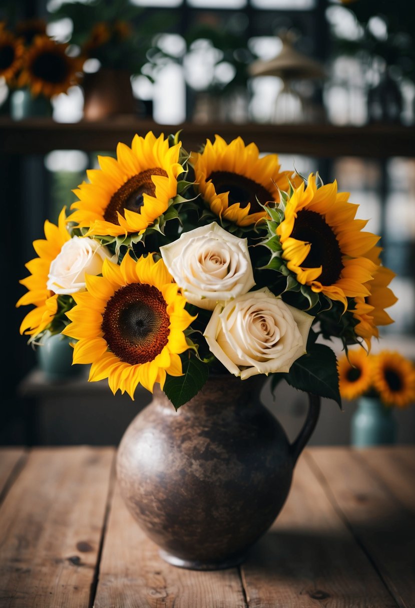 A vibrant bouquet of sunflowers and ivory roses in a rustic vase