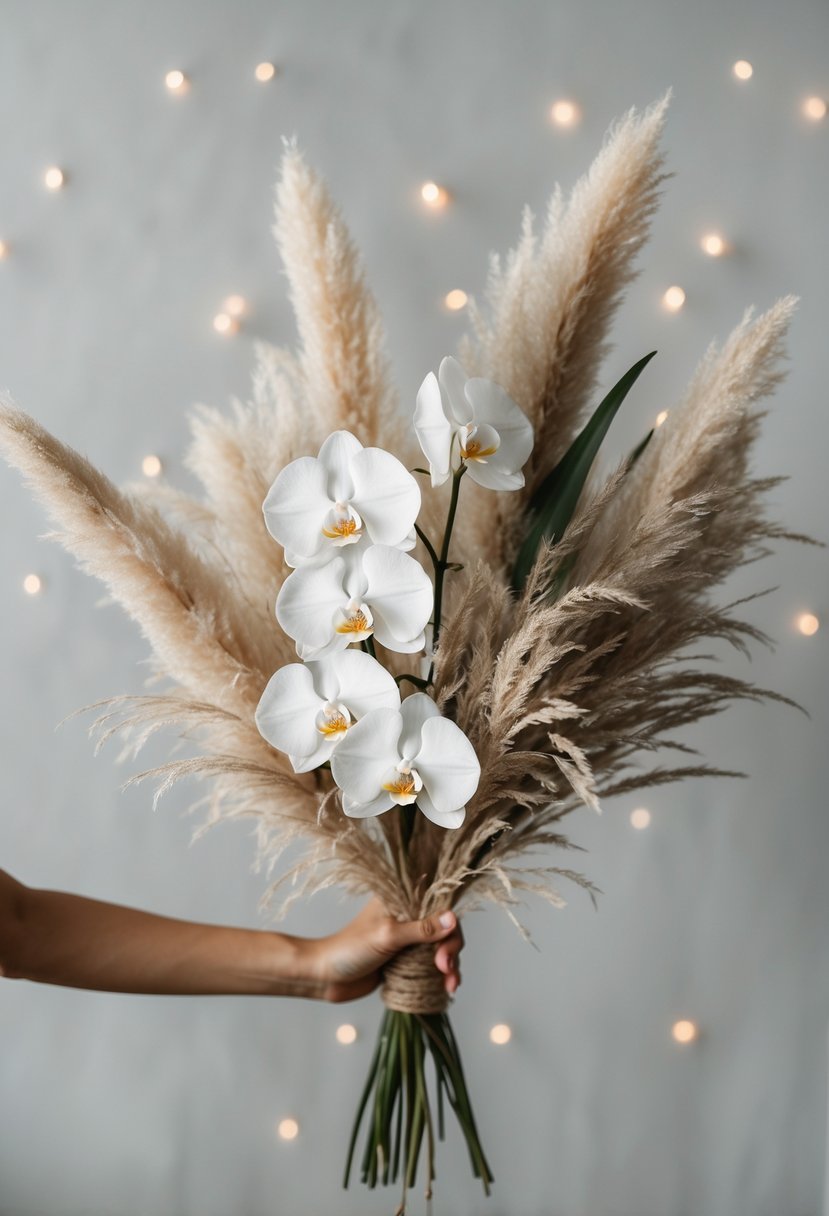 A simple, elegant bouquet of white orchids and pampas grass