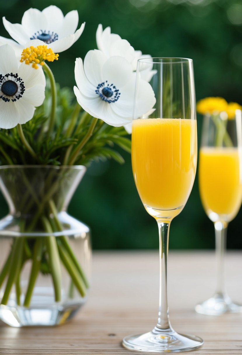 A glass of mimosa next to a vase of white anemones and yellow flowers