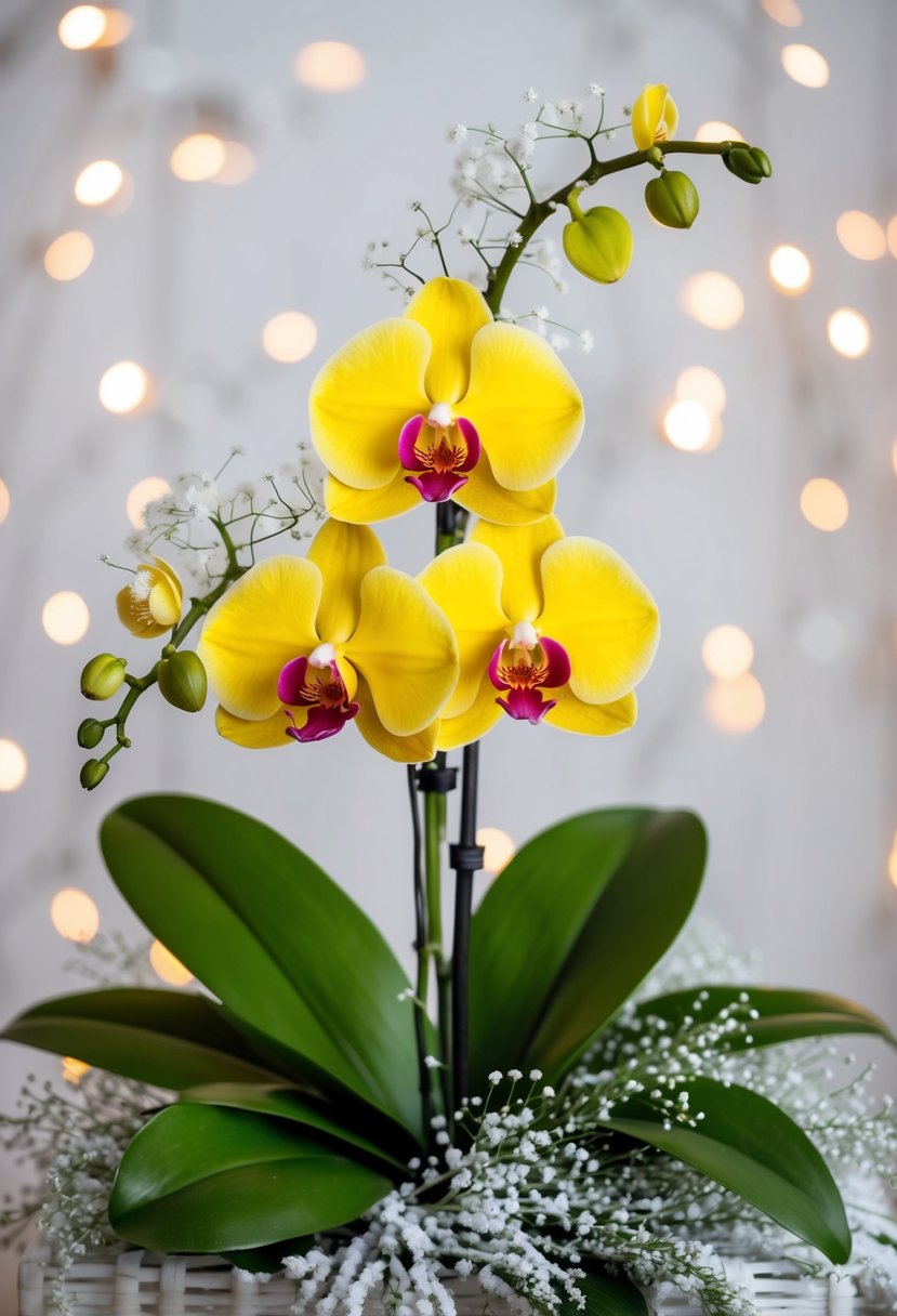 A vibrant yellow orchid bouquet surrounded by delicate snowy baby's breath