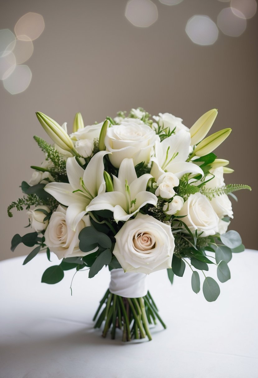 A simple, all-white wedding bouquet with roses, lilies, and greenery in a monochromatic arrangement