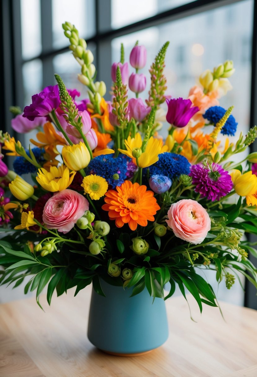 A vibrant bouquet of colorful flowers arranged in a modern, elegant style, with a touch of Korean pop culture influence