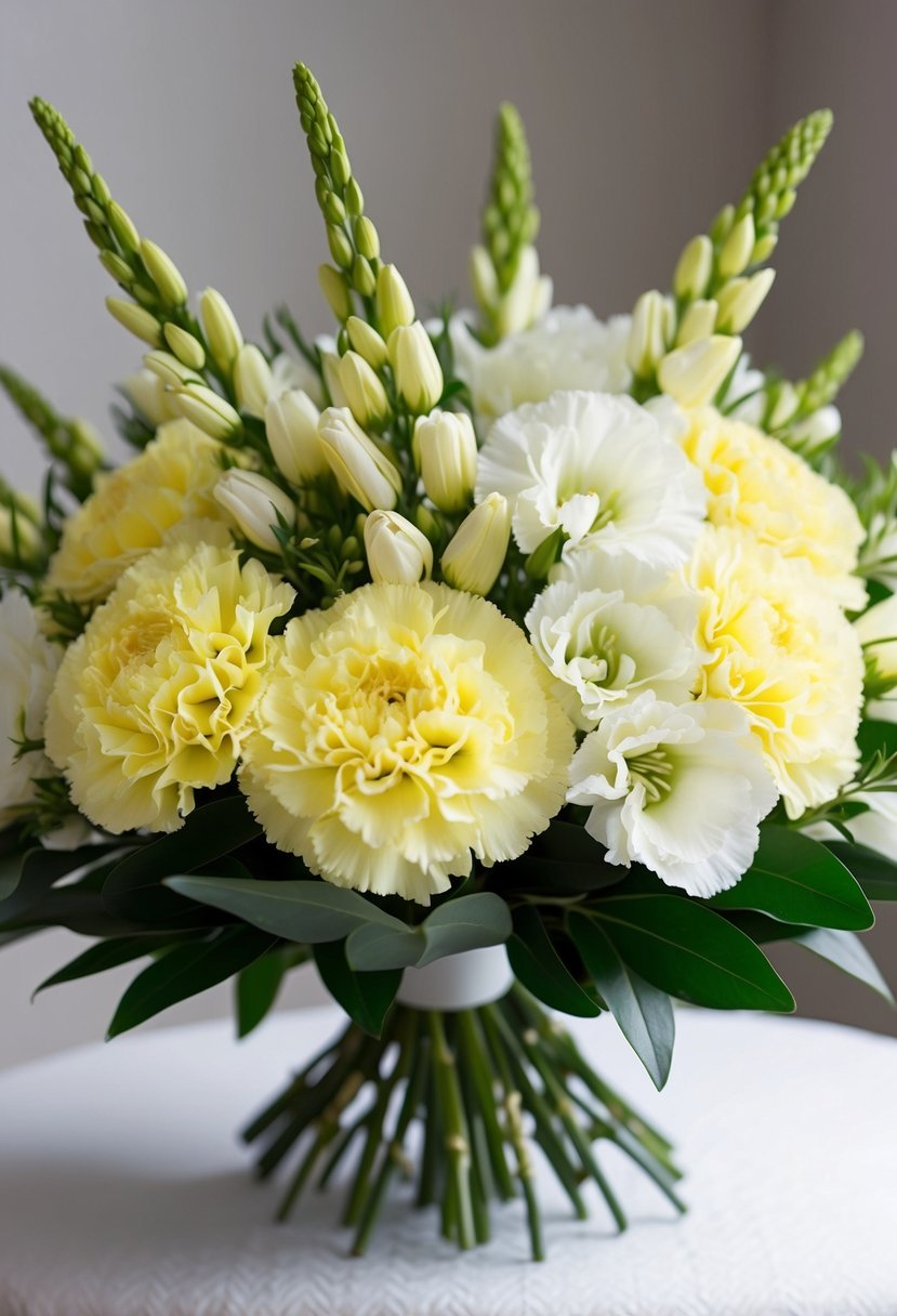 A delicate bouquet of pale yellow carnations and white alstroemeria, arranged in a round, elegant shape with green foliage