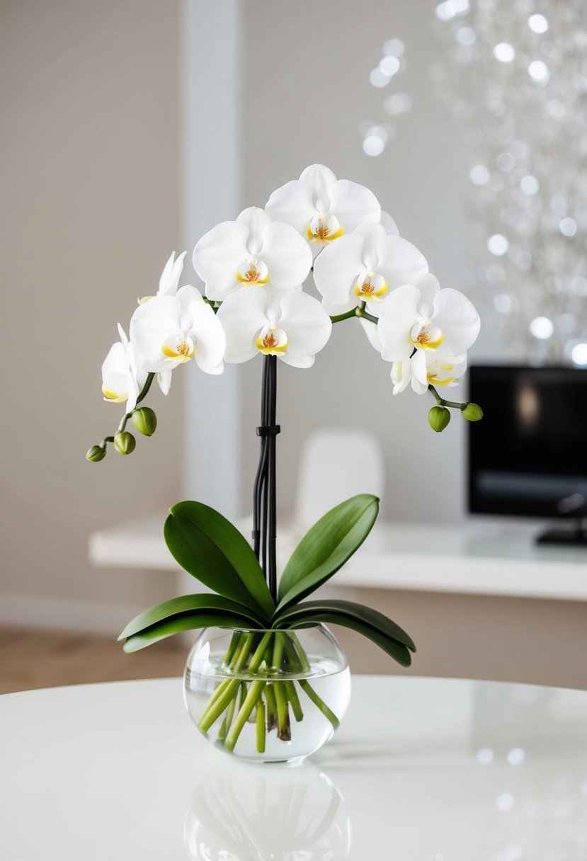 A small, elegant bouquet of white orchids in a clear glass vase on a clean, white table