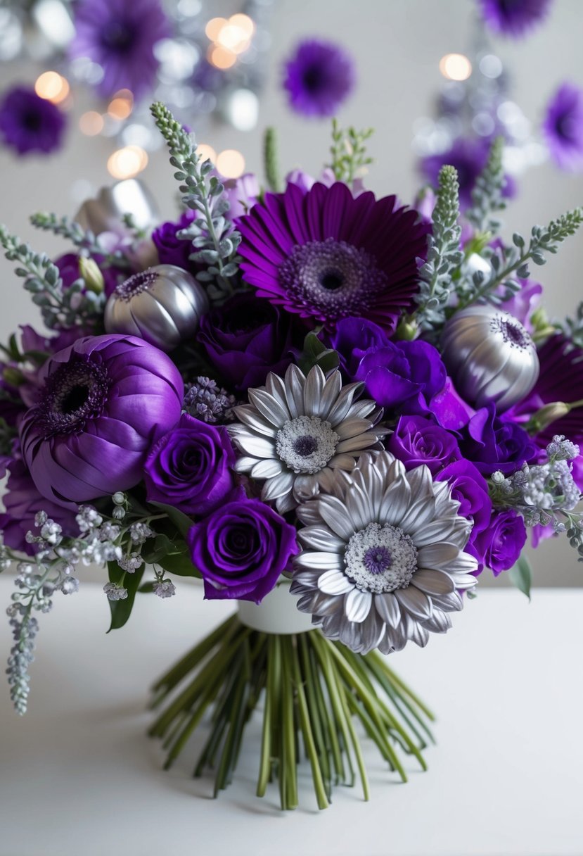 A bouquet of purple and silver flowers inspired by BTS, arranged in a modern and elegant style