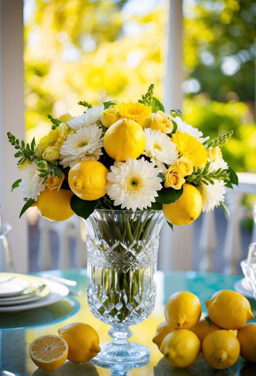 A vibrant bouquet of yellow and white flowers, accented with fresh lemons, sits in a crystal vase on a sunlit table