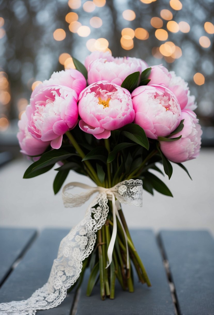 A bouquet of elegant peonies tied with a delicate lace ribbon